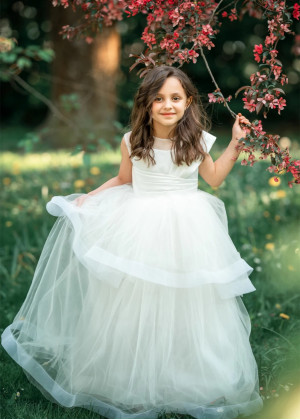 Ivory Pleated Satin Tulle Tiered Flower Girl Dress